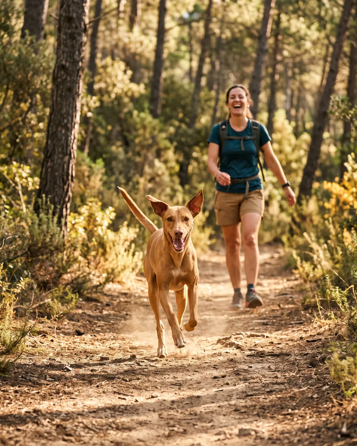 Una persona y su perro corren juntos por un sendero de bosque; imagen ilustrativa