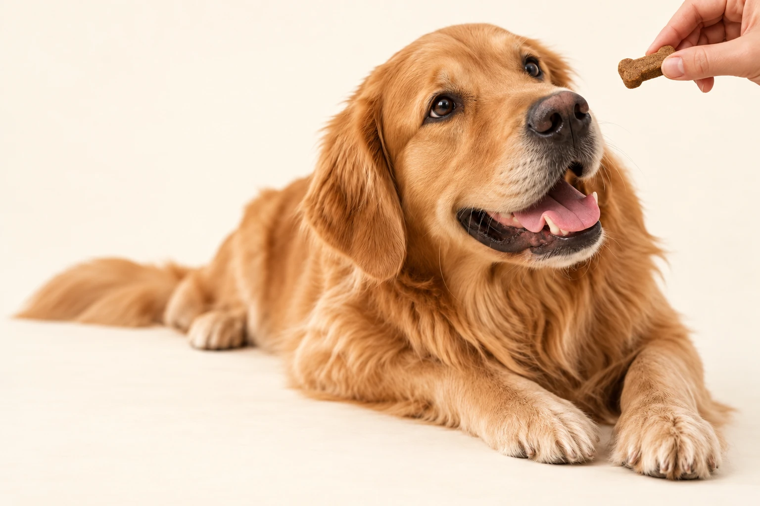 Un golden retriever, con la cara y las patas visibles, mira el chew que sostiene una mano